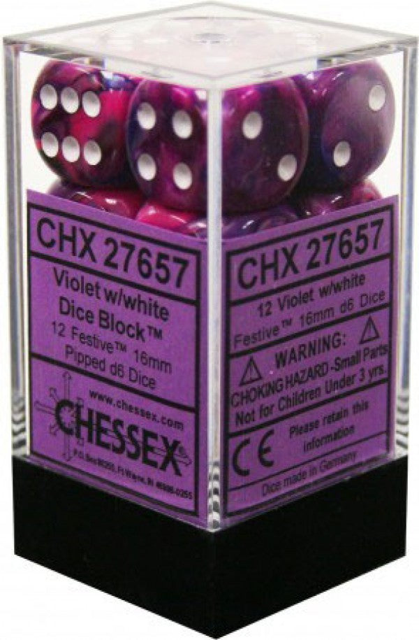 Festive™ 16mm d6 Violet/white Dice Block™ (Chessex) (27657)