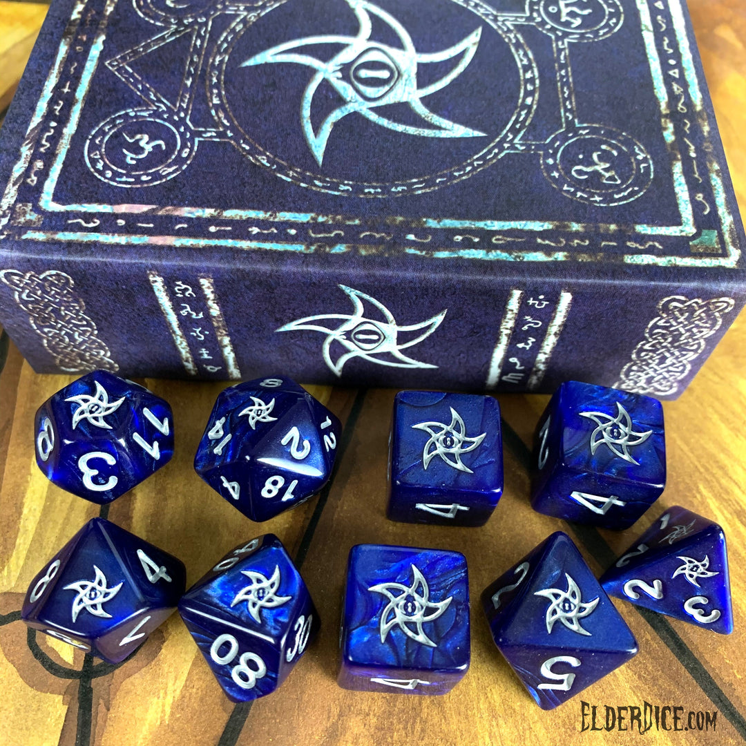 Elder Dice: Astral Elder Sign Dice - Blue Polyhedral Set: Ley Silver