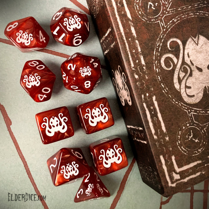 Elder Dice: The Brand of Cthulhu Dice - Bone White on Eldritch Red Polyhedral Set