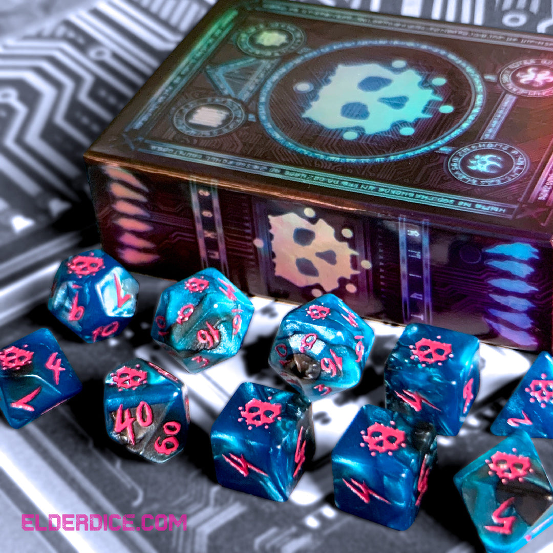 Elder Dice: The Grimm - Magenta Ink on Cyan and Black