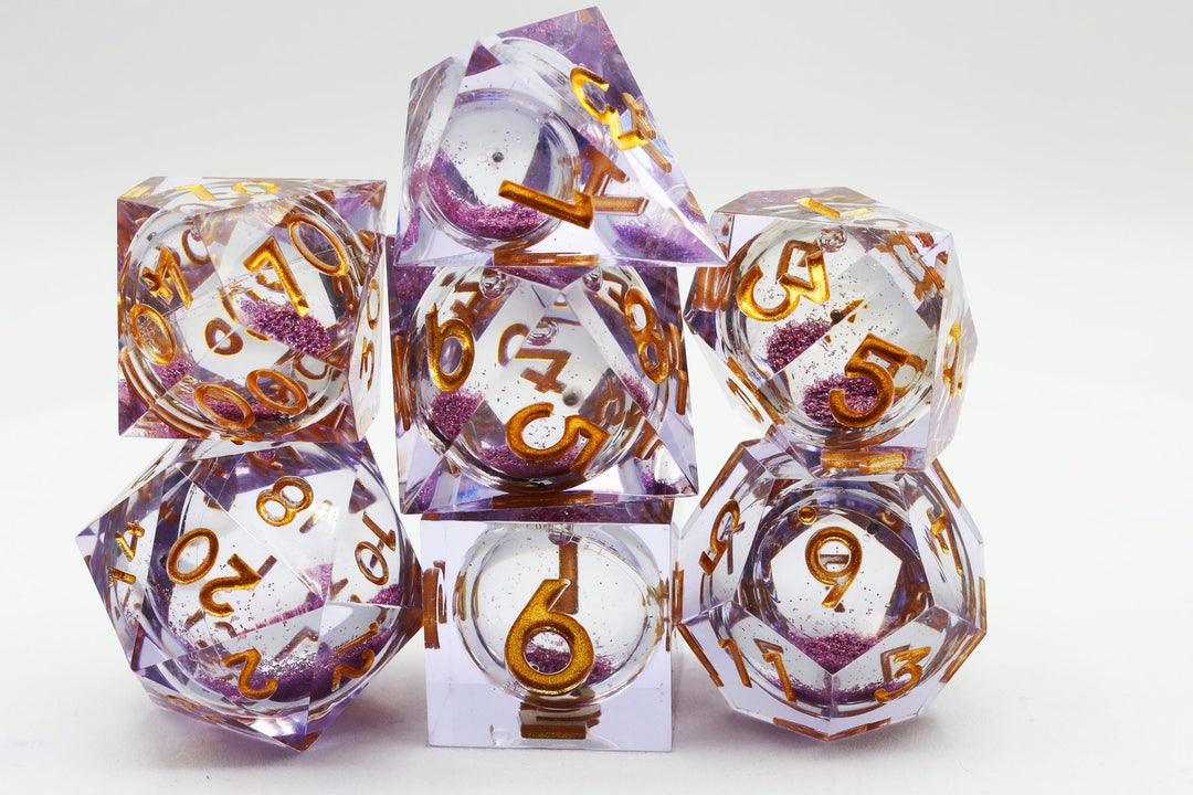 Purple Liquid Core Sharp Edge Resin RPG Dice Set (Foam Brain)