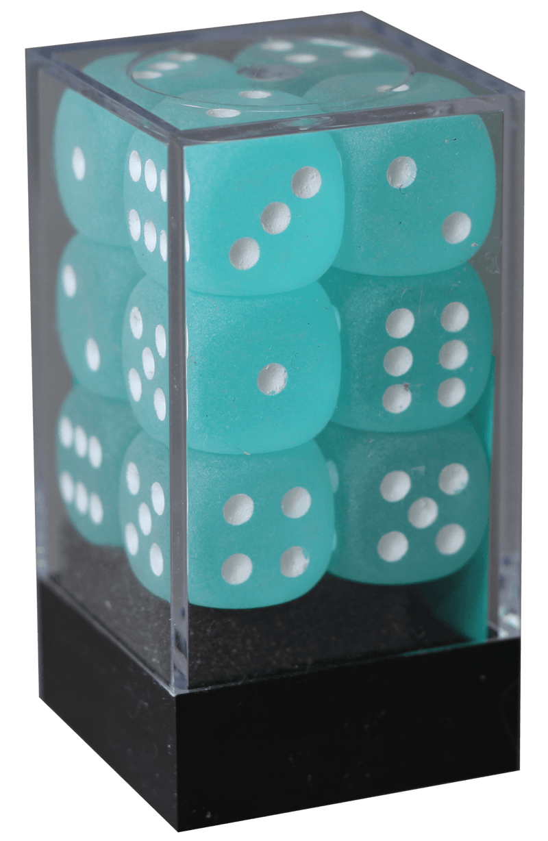 Frosted 16mm D6 blågrøn m/hvid terninger (27605) (Chessex)