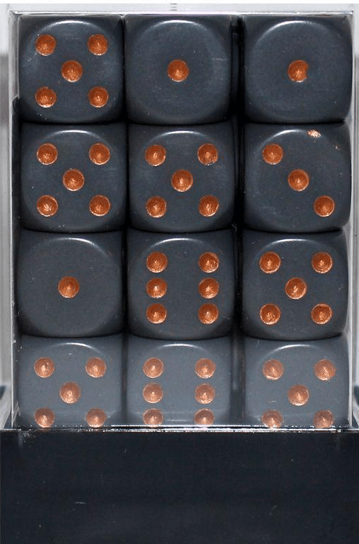 Opaque 12mm D6 mørkegrå m/kobber terninger (25820) (Chessex)