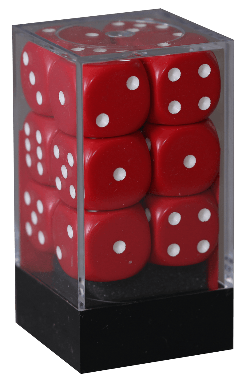 Opaque 16mm D6 rød m/hvid terninger (Chessex) (25604)