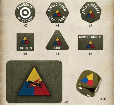 Flames of War: American Armored Division Gaming Set (x20 Tokens, x2 Objectives, x16 Dice) (TD046)