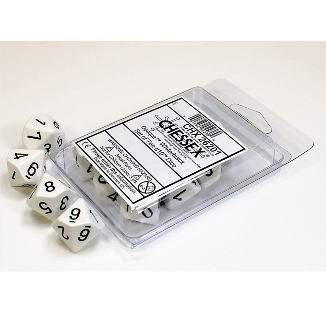 Opaque White/black Set of Ten d10's (Chessex) (26201)