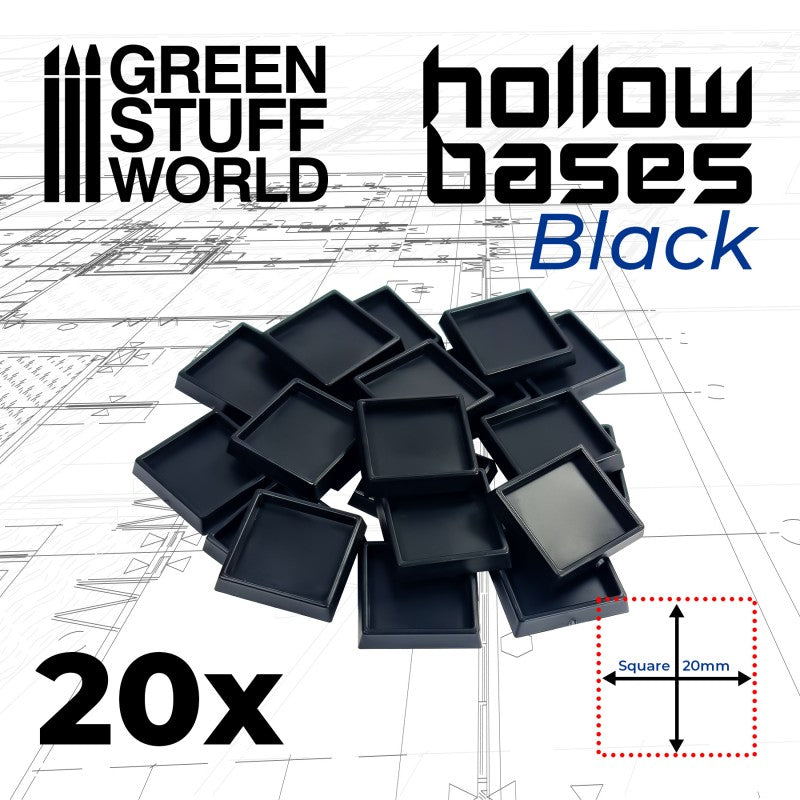 Hollow Black Plastic Bases - Square 20 mm (Green Stuff World)