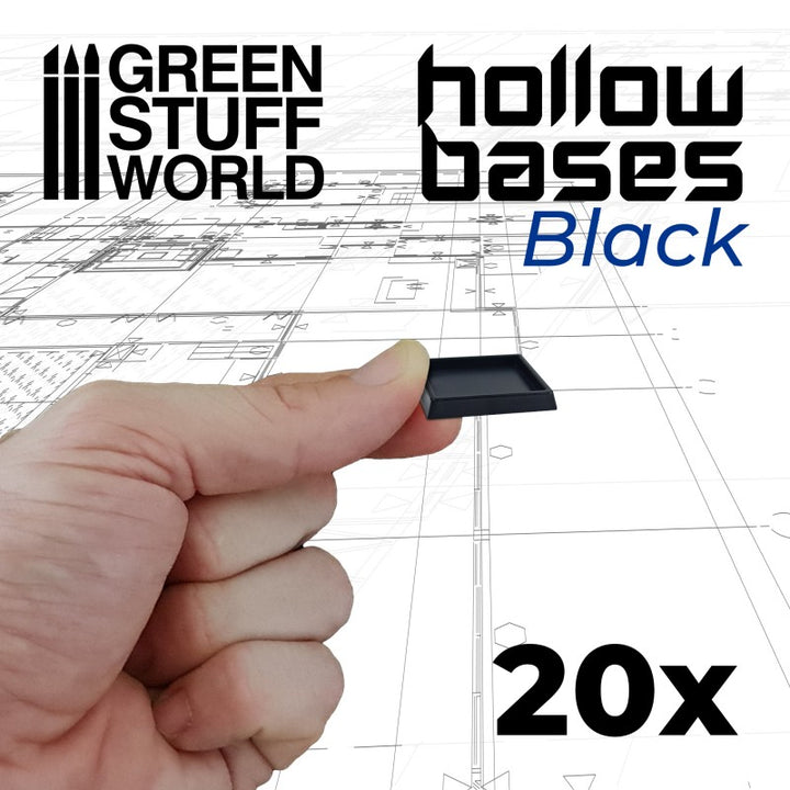 Hollow Black Plastic Bases - Square 25 mm (Green Stuff World)