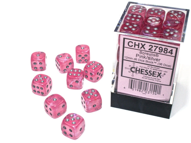 Borealis® 12mm d6 Pink/silver Luminary Dice Block™ (36 dice) (Chessex) (27984)